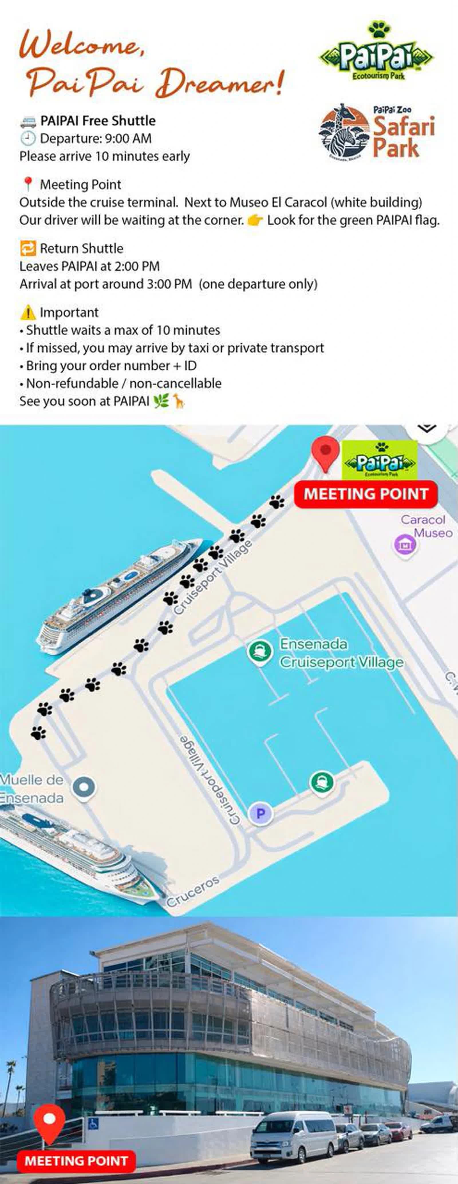 Croquis oficial del shuttle PAIPAI · recorrido desde el crucero hasta el meeting point en el Museo El Caracol