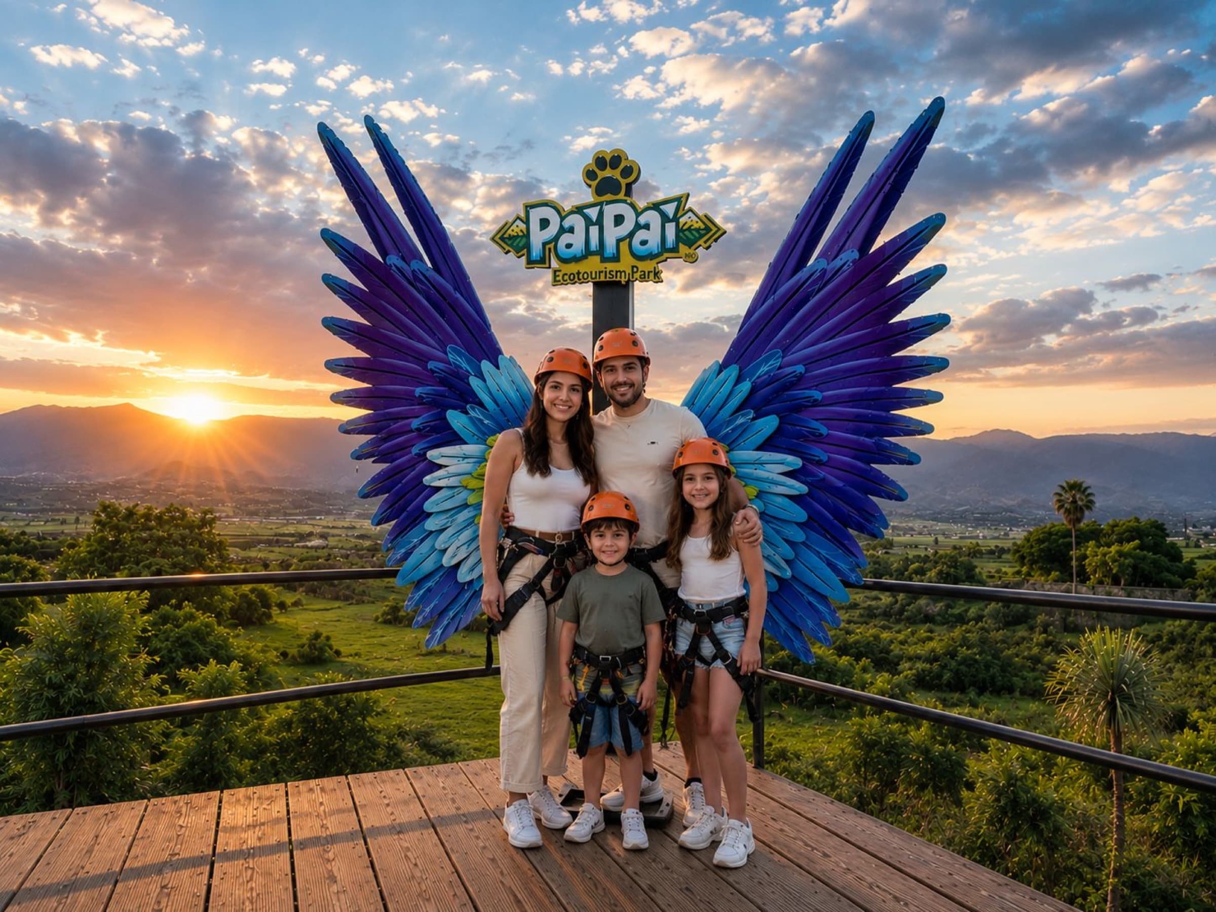 Familia con arnés de tirolesa frente a las alas monumentales PAIPAI al atardecer