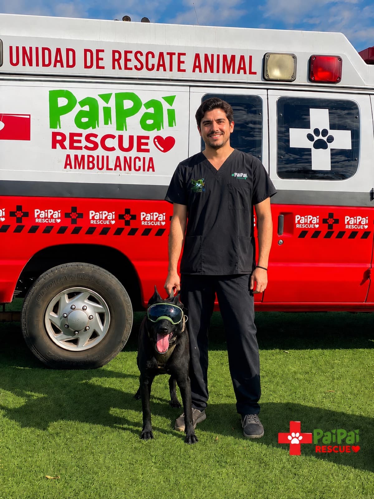 Veterinario PAIPAI Rescue con perro rescatado frente a la ambulancia